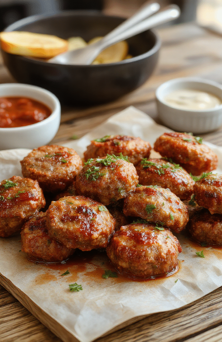 Colorful savory sausage bites arranged neatly on a white ceramic platter, garnished with chopped herbs. The bites are golden brown, crispy on the outside, moist inside, with hints of herbs and cheese visibly melted. The background features a rustic wooden table with fresh ingredients like sausages, cheese, and greens, styled for a cozy brunch presentation.