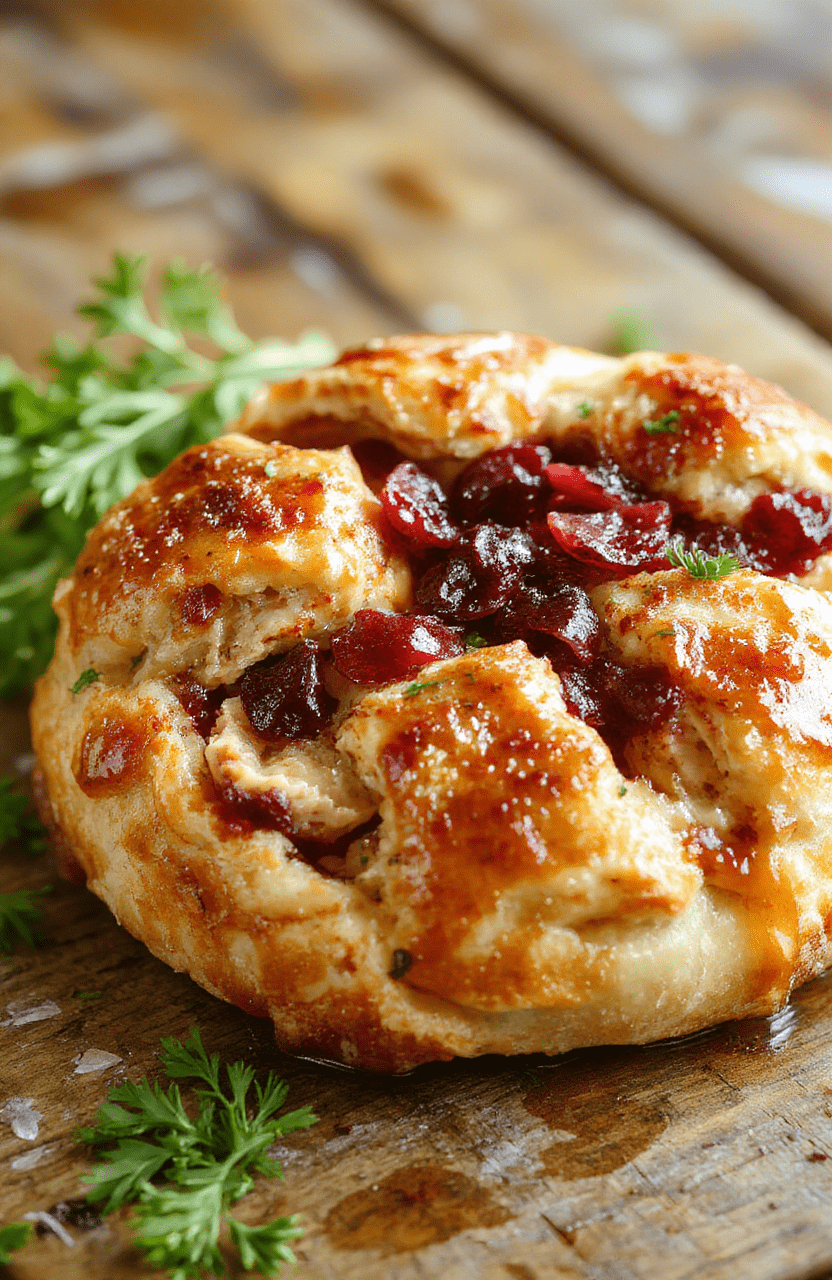 A golden-brown crescent roll ring filled with tender turkey, vibrant cranberry sauce, and melted cheese, garnished with fresh herbs, displayed on a rustic wooden platter for a festive holiday presentation.