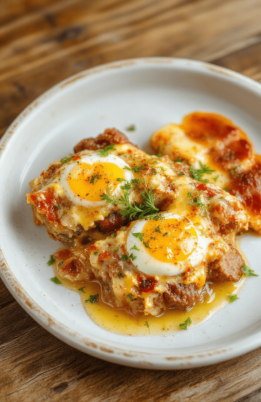 A colorful platter featuring a golden-brown sausage egg casserole, sliced and arranged neatly on a rustic white ceramic dish, topped with fresh herbs and melted cheese, with crispy edges and fluffy eggs visible, styled simply on a wooden table with bright natural lighting.