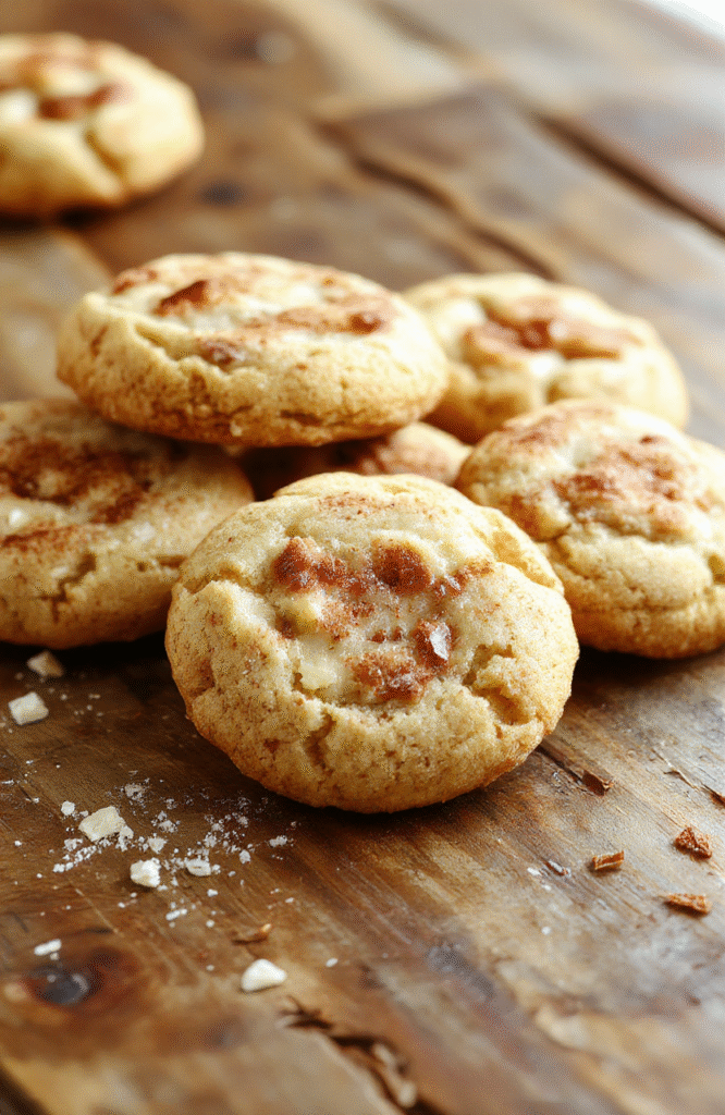 A plate of soft and chewy Snickerdoodles coated in cinnamon sugar, arranged on a rustic wooden surface with a light dusting of cinnamon. The cookies showcase a golden-brown exterior with a slightly cracked surface, highlighting their chewy texture. The background features a neutral-toned cloth and a small mixing bowl with cinnamon powder, styled in a cozy and inviting manner.