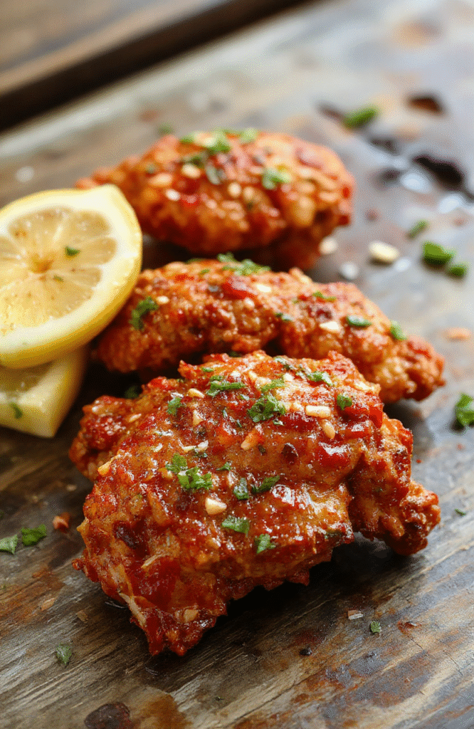 A vibrant plate of Spicy Firecracker Chicken featuring crispy golden chicken bites glazed with a fiery red sauce, garnished with chopped green onions and sesame seeds, styled on a rustic wooden board with colorful ingredients around, textured with glossy sauce and crunchy chicken contrasts.