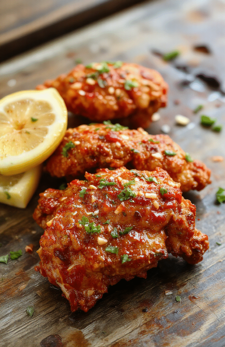 A vibrant plate of Spicy Firecracker Chicken featuring crispy golden chicken bites glazed with a fiery red sauce, garnished with chopped green onions and sesame seeds, styled on a rustic wooden board with colorful ingredients around, textured with glossy sauce and crunchy chicken contrasts.