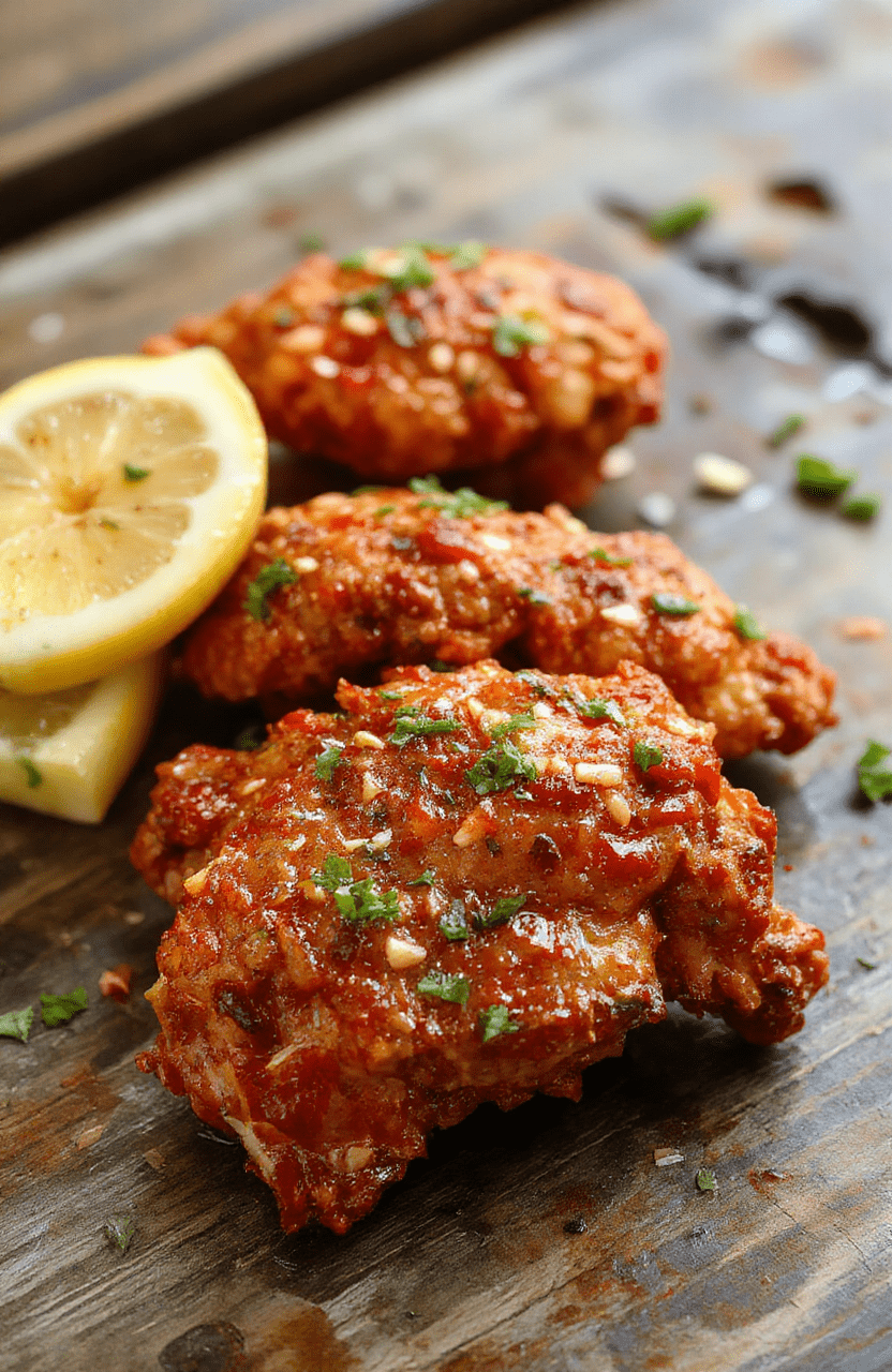 A vibrant plate of Spicy Firecracker Chicken featuring crispy golden chicken bites glazed with a fiery red sauce, garnished with chopped green onions and sesame seeds, styled on a rustic wooden board with colorful ingredients around, textured with glossy sauce and crunchy chicken contrasts.