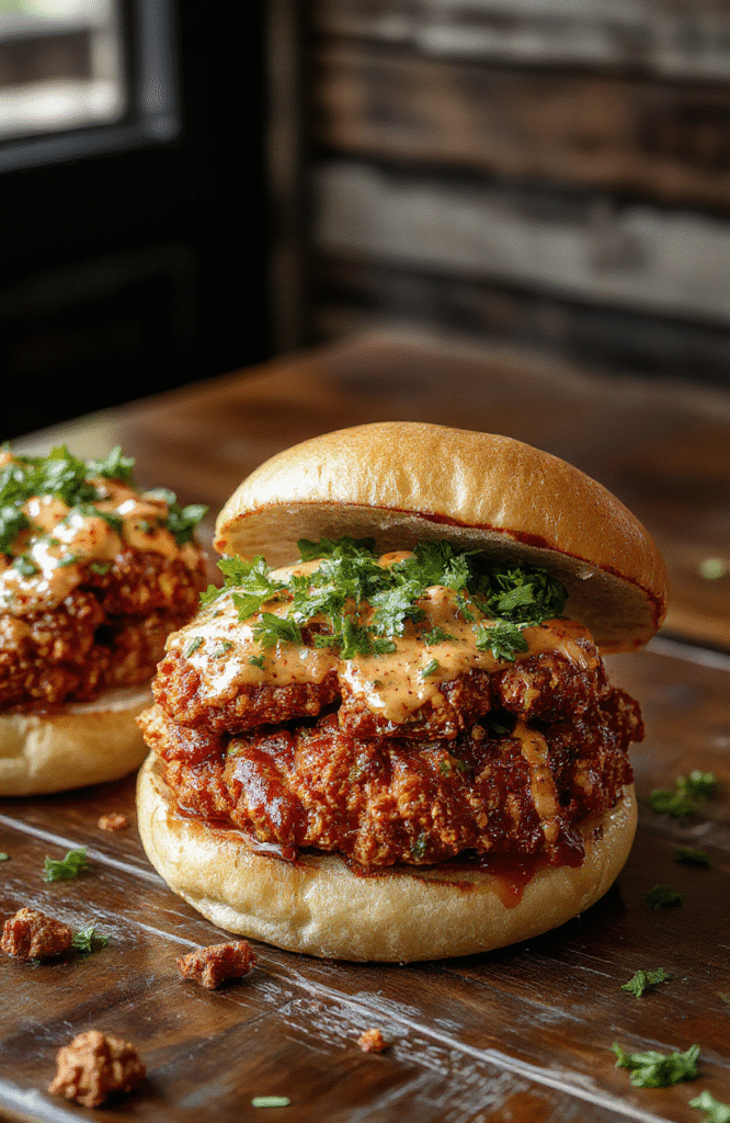 A vibrant plate featuring a crispy, golden-brown Nashville Hot Chicken sandwich drizzled with spicy orange sauce, topped with crunchy pickles and fresh lettuce, served on a toasted bun. The dish is styled on a rustic wooden table with a side of lemon wedges and a small bowl of extra hot sauce, highlighting textures of crispy chicken, saucy glaze, and crunchy toppings, beautifully styled for an inviting, mouth-watering presentation.