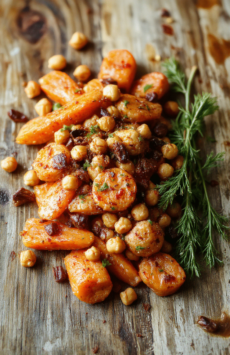 A vibrant plate of spiced roasted carrots topped with crispy chickpeas, garnished with fresh herbs, presented on a rustic wooden table with colorful vegetables in the background.