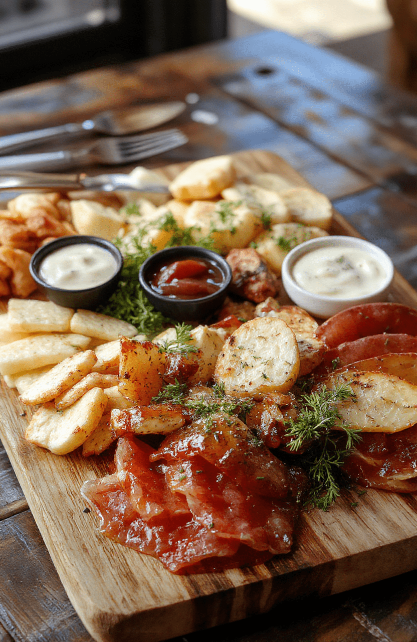 An artistic charcuterie board featuring an assortment of cured meats, cheese varieties, fresh fruits, nuts, and crackers, artfully arranged on a rustic wooden platter with vibrant colors and textures, garnished with herbs and edible flowers.