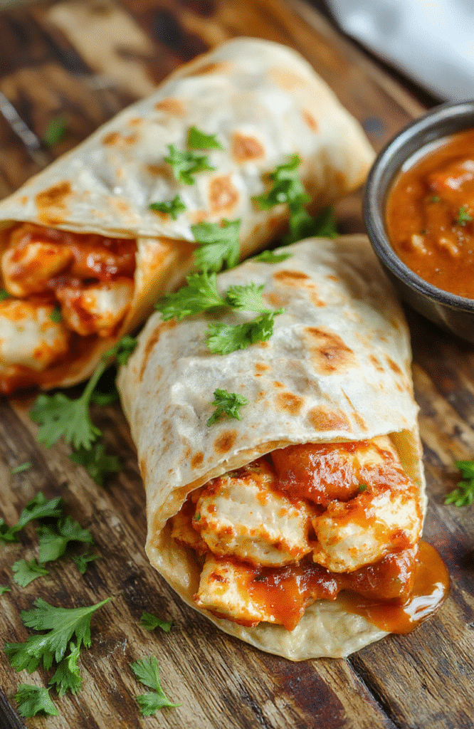 A vibrant plate featuring golden-brown chicken strips glazed with glossy sweet chili sauce, wrapped in fresh lettuce and colorful vegetables in a soft flour tortilla, styled on a rustic wooden surface with natural lighting highlighting the textures and vibrant colors.