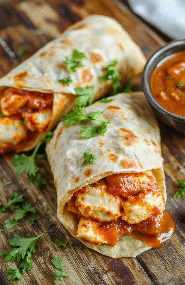 A vibrant plate featuring golden-brown chicken strips glazed with glossy sweet chili sauce, wrapped in fresh lettuce and colorful vegetables in a soft flour tortilla, styled on a rustic wooden surface with natural lighting highlighting the textures and vibrant colors.