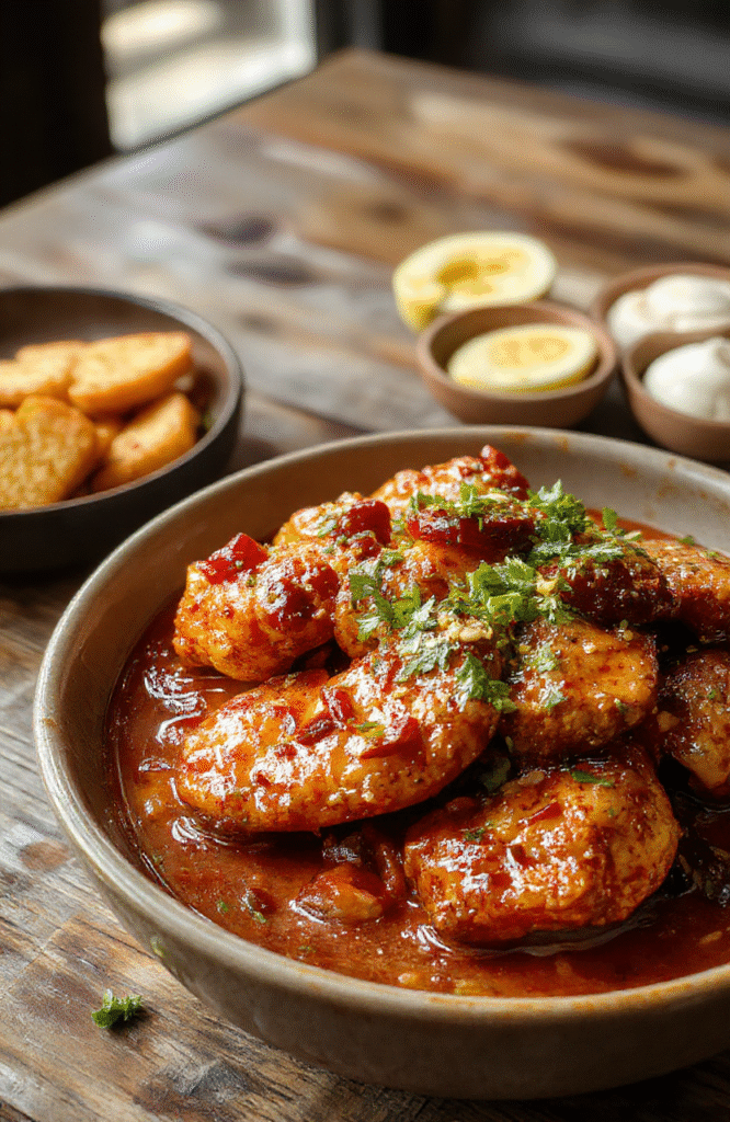 A vibrant plate of sweet chili chicken featuring golden-brown glazed chicken bites drizzled with a glossy red sweet chili sauce, garnished with chopped green onions and sesame seeds on a rustic wooden table