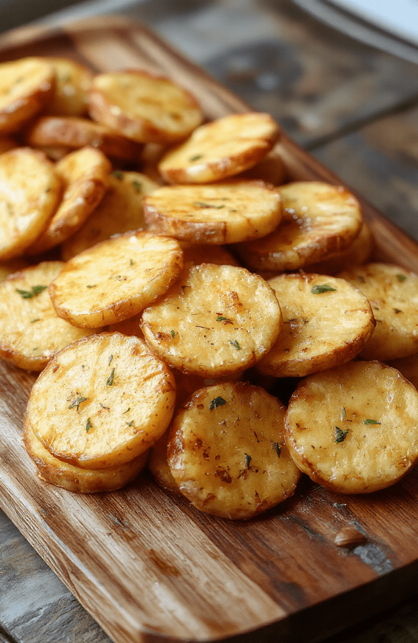 Golden browned sweet potato rounds arranged neatly on a rustic wooden platter, garnished with fresh herbs and drizzled with a light glaze, textured crispy edges contrasting with tender centers, styled simply for a cozy and inviting presentation