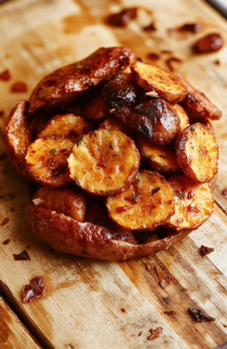 Colorful sweet potato rounds arranged neatly on a white plate, topped with herbs and a drizzle of oil, showcasing crispy edges and vibrant orange flesh, styled simply with a rustic wooden background.