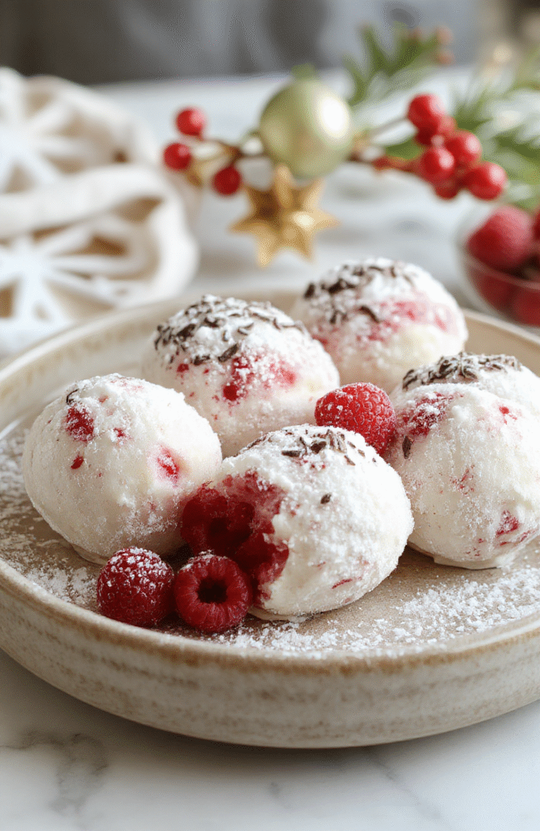Colorful raspberry snowballs arranged on a plate with powdered sugar dusted on top, featuring a soft textured dough with bright raspberry centers, styled with a festive holiday backdrop and seasonal decorations.