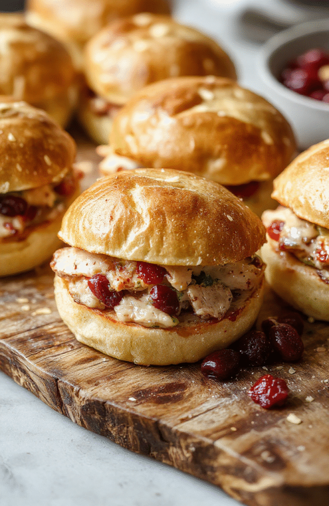 Colorful turkey cranberry sliders arranged on a wooden platter, topped with fresh herbs and sesame seeds, showing tender turkey, vibrant cranberry sauce, and soft slider buns, with a rustic holiday table setting in the background.