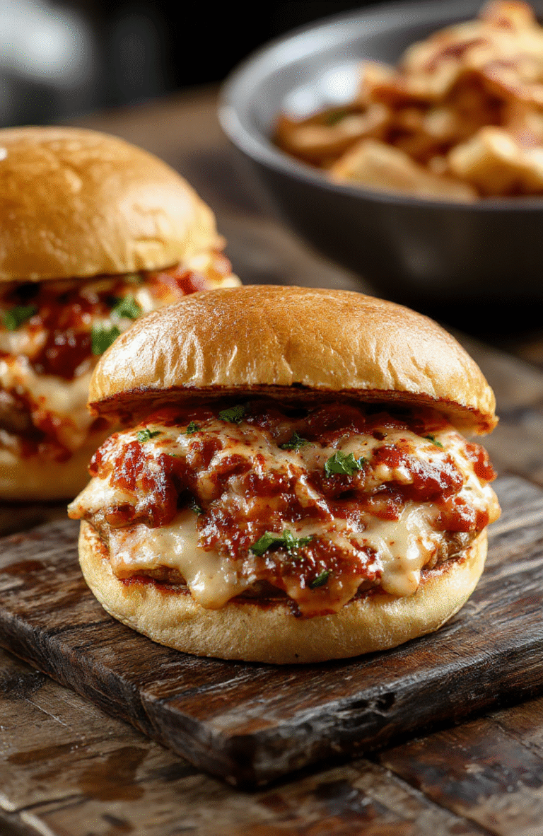 A close-up of a juicy pizza burger with melted cheese, pepperoni, fresh basil, and tomato sauce in a toasted bun, with crispy fries on a rustic wooden plate, vibrant colors, and inviting textures.