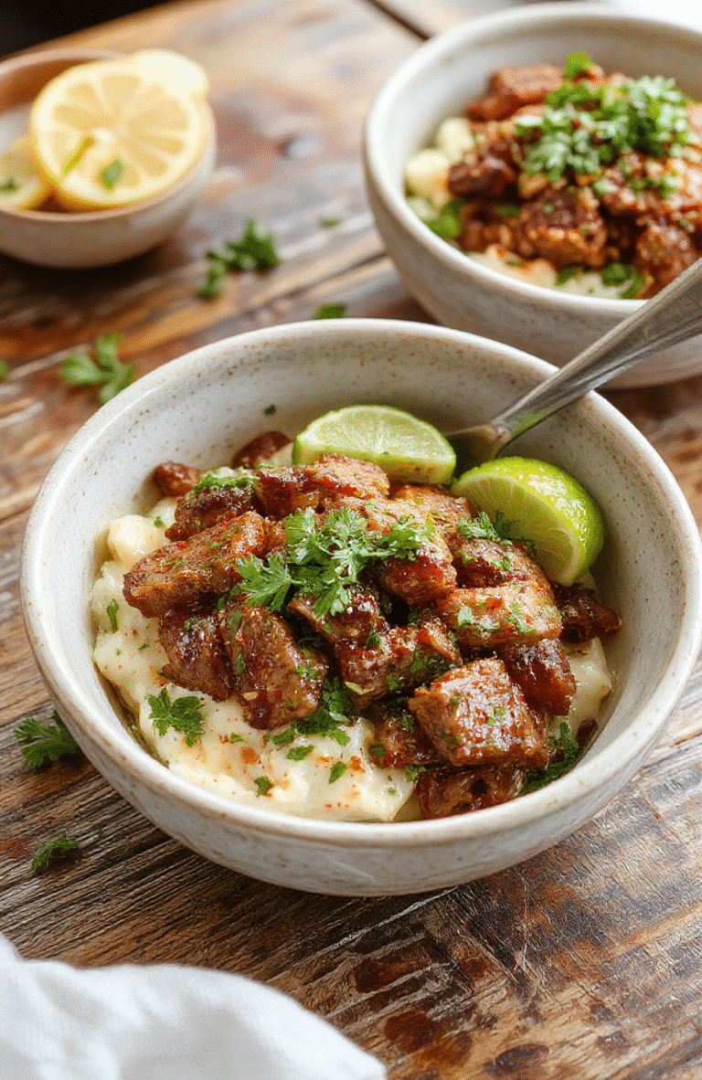 Colorful steak bowls featuring perfectly grilled slices of steak, vibrant green cilantro and lime garnishes, red tomatoes, and warm rice, all arranged on a rustic wooden table with fresh ingredients around.
