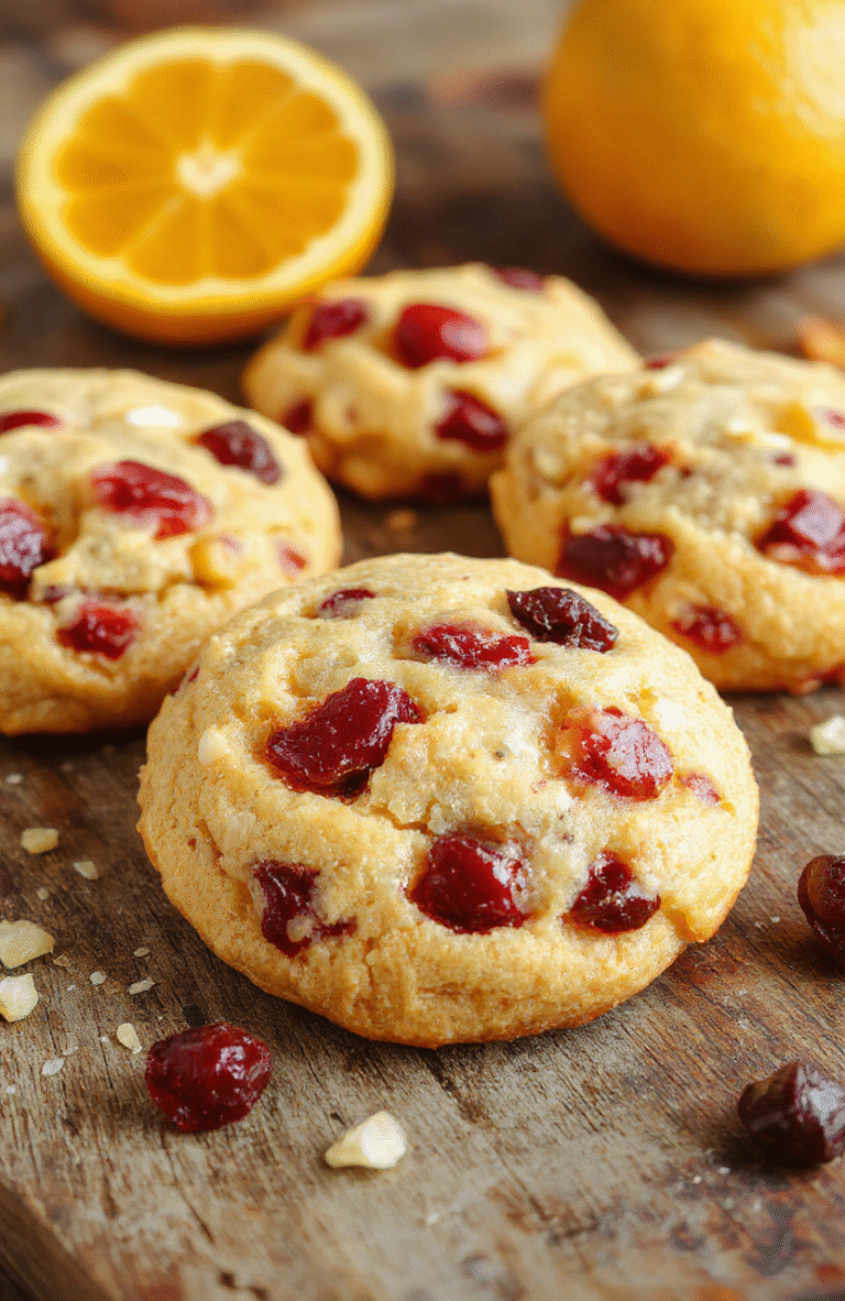 Colorful orange and red cranberry cookies arranged on a rustic wooden platter, with a light dusting of powdered sugar and a sprig of fresh orange zest, styled in a bright festive setting.