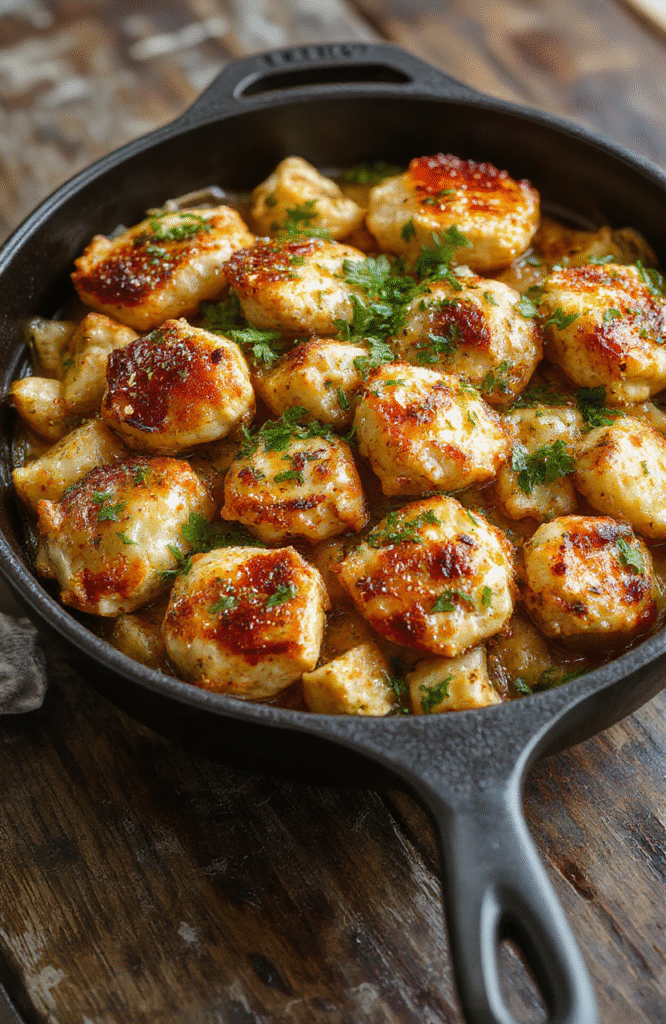 A vibrant skillet of golden-brown chicken breast topped with sliced pepperoncini peppers, garnished with fresh herbs, served on a rustic wooden table with a colorful backdrop, showcasing a glossy, flavorful sauce with textures and fresh ingredients.
