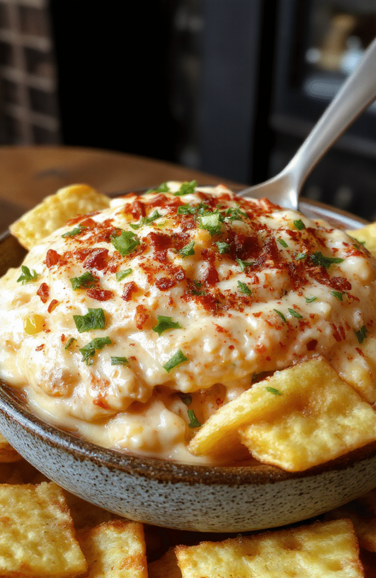 A vibrant bowl of hot crack corn dip with melted cheese, crispy bacon bits, and colorful chopped scallions on top, served in a rustic ceramic dish with a crunchy exterior contrasting the gooey, cheesy interior, garnished with fresh herbs and placed on a wooden table.