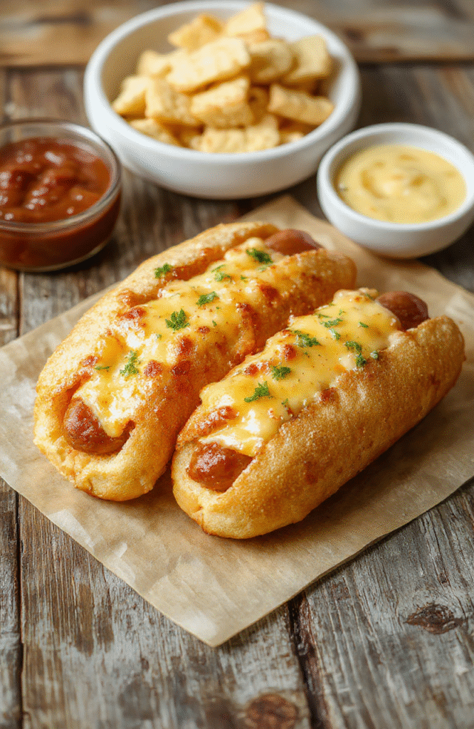 Colorful air fryer grilled cheese hot dogs on a rustic wooden board, topped with melted cheese and crispy bacon, with playful garnishes and a vibrant background