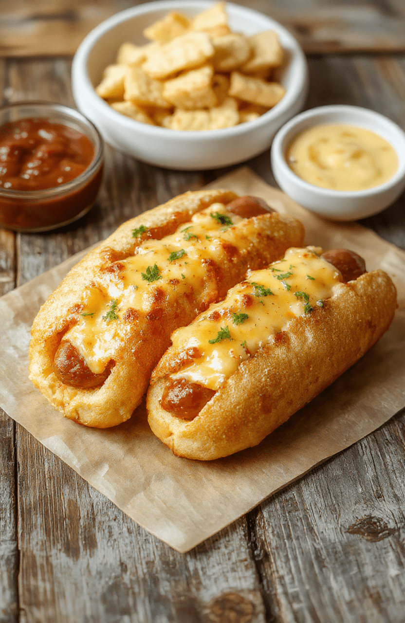 Colorful air fryer grilled cheese hot dogs on a rustic wooden board, topped with melted cheese and crispy bacon, with playful garnishes and a vibrant background