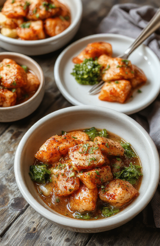 Colorful salmon bites arranged on a modern white plate, drizzled with spicy creamy sauce, garnished with green herbs, served alongside vibrant vegetables on a rustic wooden table.