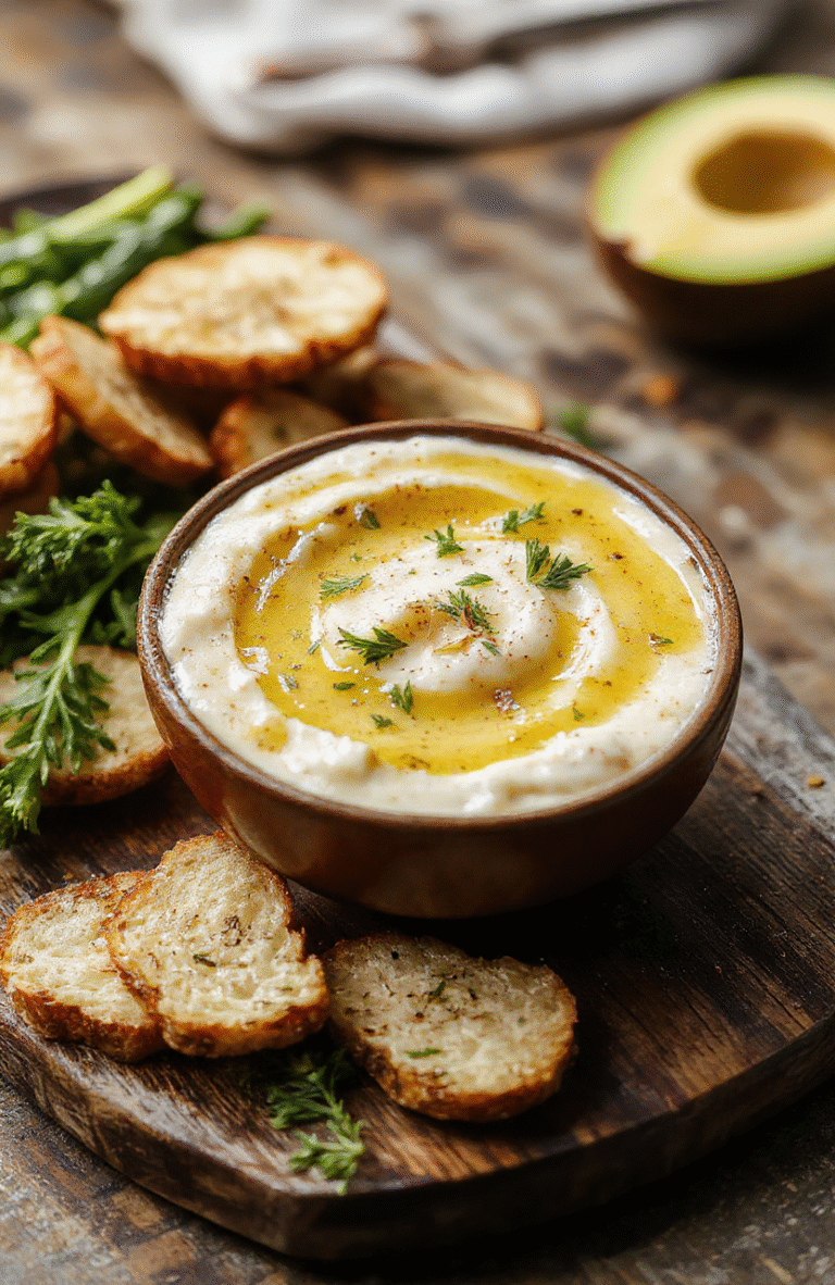 A rustic white ceramic bowl filled with golden garlic-infused olive oil dip, garnished with fresh herbs and crushed garlic, placed on a wooden surface, complemented by slices of crusty bread, vibrant green herbs, and a drizzle of olive oil, styled casually with a soft natural light highlighting the textures and colors.