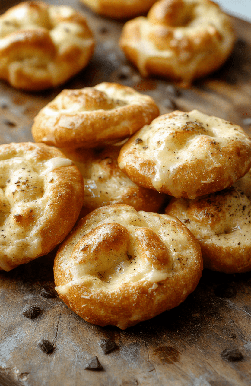 A plate of golden-brown buttery soft pretzel bites arranged on a rustic wooden surface, with sesame seeds and coarse salt sprinkled on top, next to a small dish of mustard, styled to look warm and inviting under natural daylight, with a textured background highlighting the crispy exterior and soft interior textures.