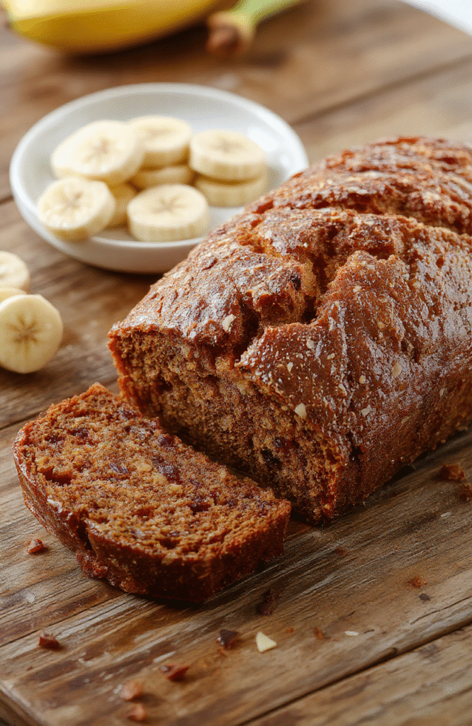 A slice of moist carrot cake banana bread with a golden crust, topped with cream cheese frosting, shredded carrots, and chopped walnuts on a rustic wooden plate, vibrant colors, inviting and freshly baked appearance, styled with a sprig of fresh parsley for garnish.