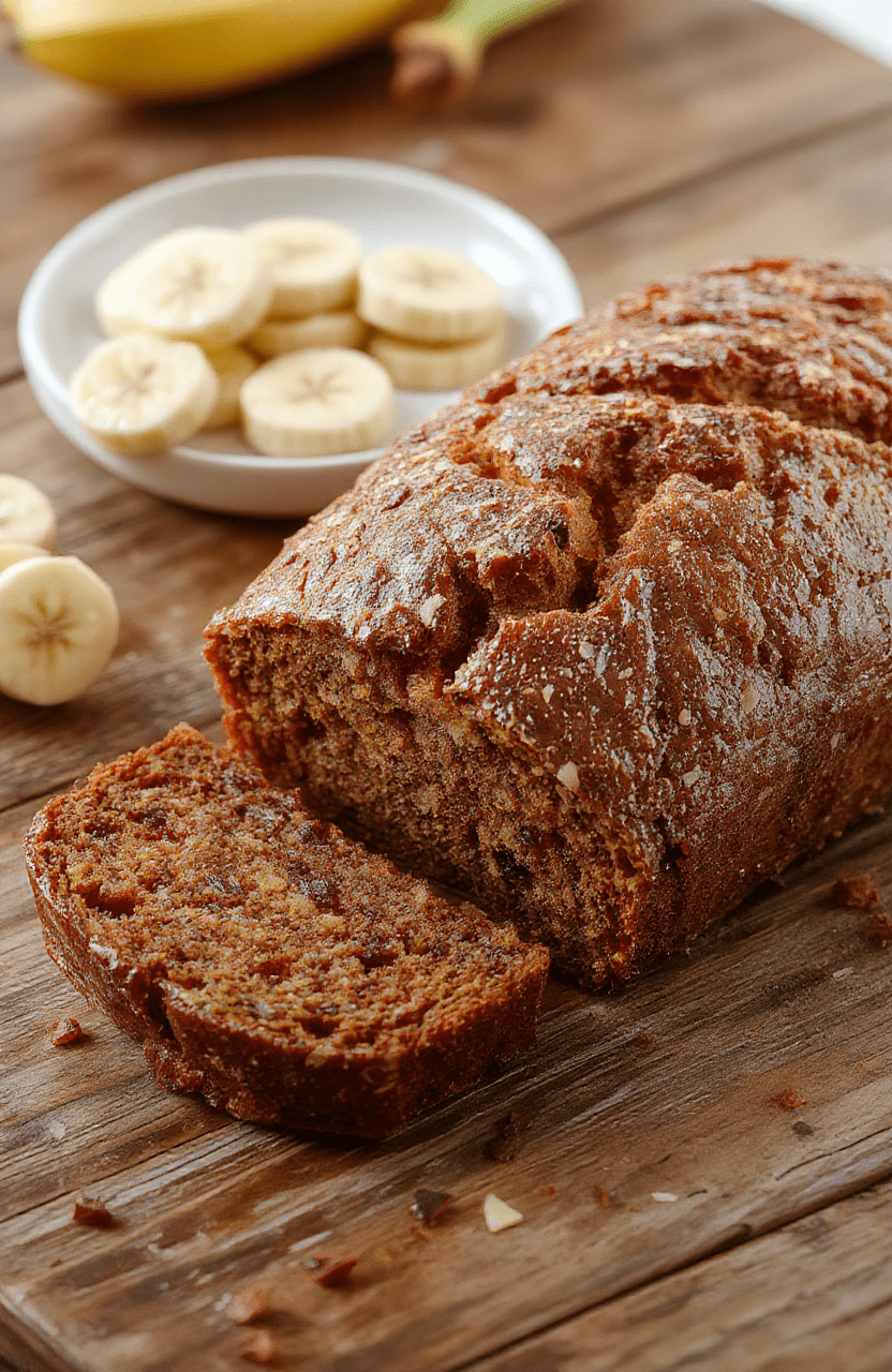 A slice of moist carrot cake banana bread with a golden crust, topped with cream cheese frosting, shredded carrots, and chopped walnuts on a rustic wooden plate, vibrant colors, inviting and freshly baked appearance, styled with a sprig of fresh parsley for garnish.