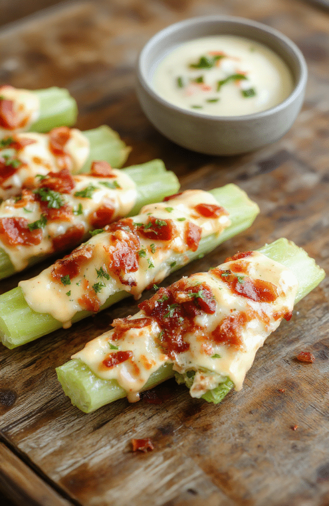 A close-up of vibrant celery sticks generously filled with creamy cheddar cheese, crispy bacon bits, and green ranch herbs, arranged on a rustic wooden platter, with colorful background and a sprinkle of cheese and bacon on top, showcasing textures of crunchy celery, gooey cheese, and crispy bacon.