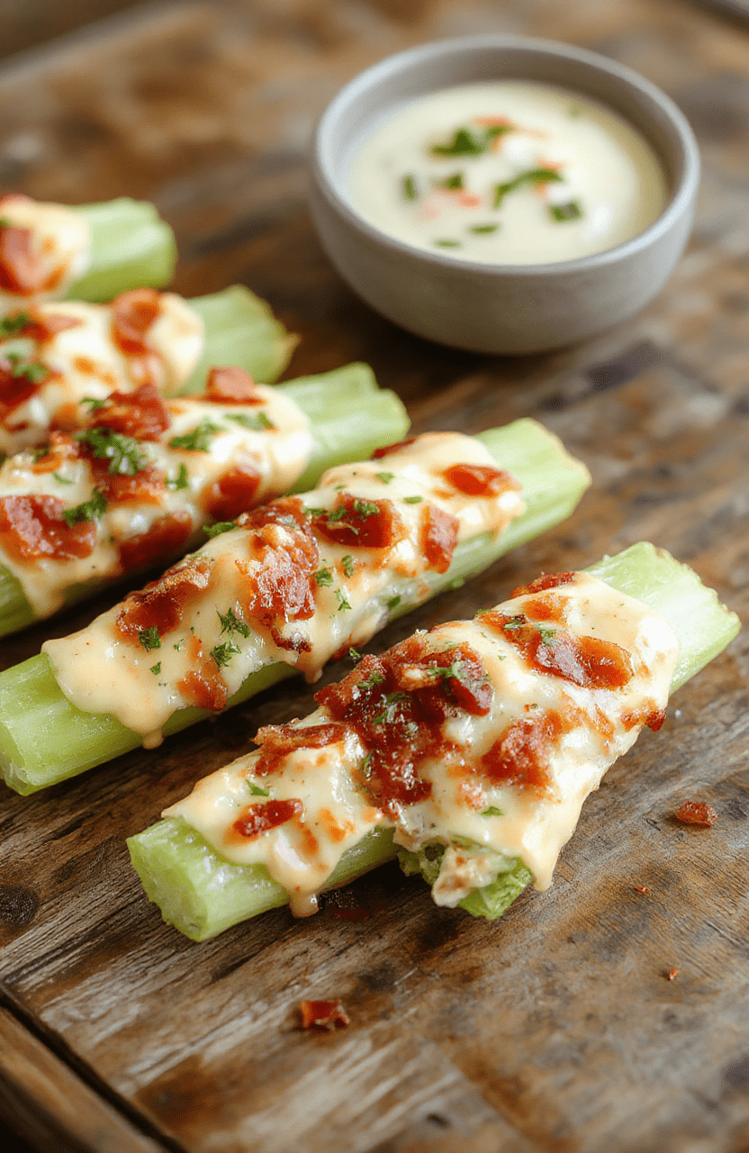 A close-up of vibrant celery sticks generously filled with creamy cheddar cheese, crispy bacon bits, and green ranch herbs, arranged on a rustic wooden platter, with colorful background and a sprinkle of cheese and bacon on top, showcasing textures of crunchy celery, gooey cheese, and crispy bacon.