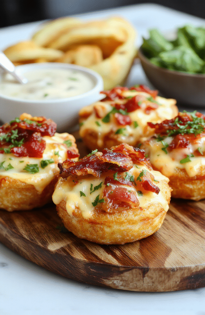 A close-up of crispy golden tater tot cups filled with melted cheese and topped with crumbled bacon, garnished with chopped green onions, arranged on a rustic wooden platter with a napkin beneath, colorful background with a hint of green herbs and a small bowl of dipping sauce