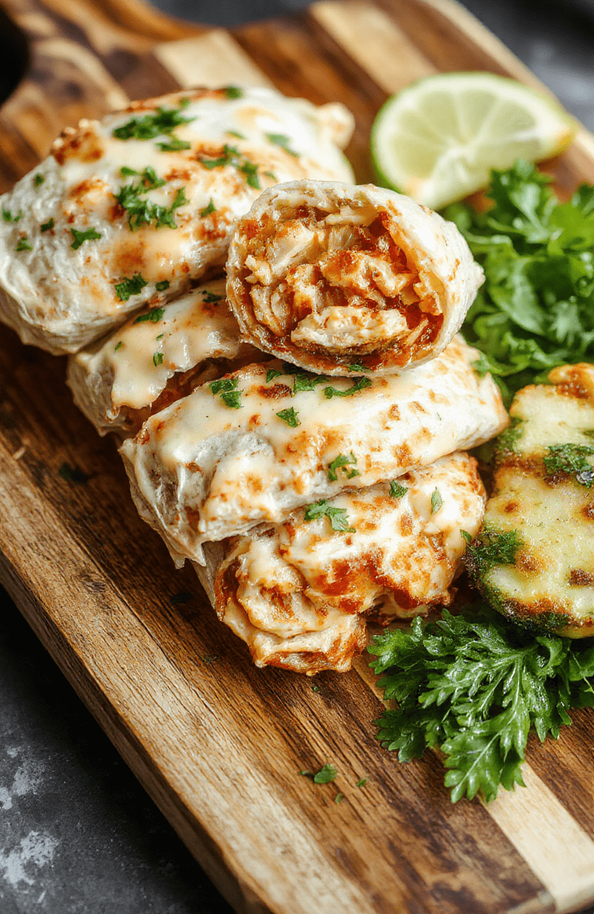 Colorful chicken wraps with melted cheese and fresh garlic, arranged on a rustic wooden platter, garnished with chopped herbs, showcasing crispy textures and creamy fillings, styled simply with a vibrant backdrop.