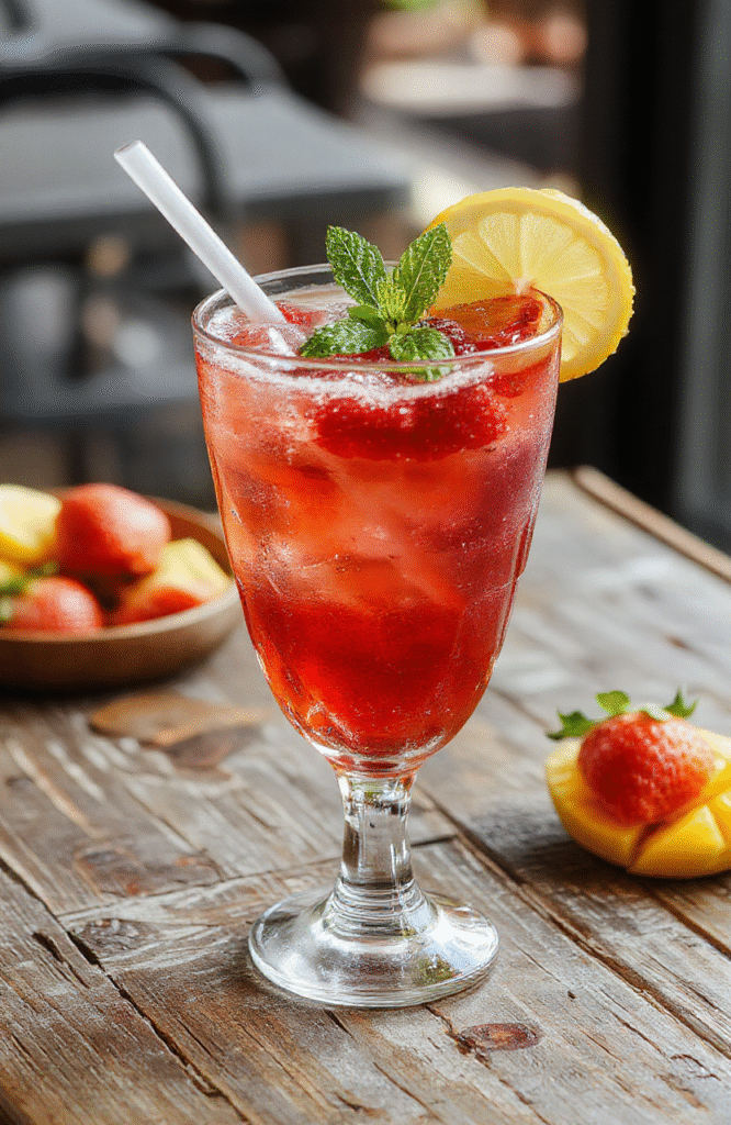 A vibrant glass of frozen mango strawberry lemonade topped with fresh fruit slices and mint, with a colorful background of lemons, strawberries, and mangoes, showcasing a thick, icy texture and a refreshing appeal.