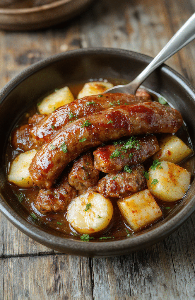 A rustic white serving dish filled with golden-brown sausage slices, tender roasted potatoes, and vibrant green herbs, all steaming slightly with a rich sauce, presented on a dark wooden table with a cozy, inviting background.