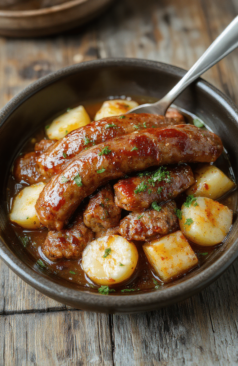 A rustic white serving dish filled with golden-brown sausage slices, tender roasted potatoes, and vibrant green herbs, all steaming slightly with a rich sauce, presented on a dark wooden table with a cozy, inviting background.