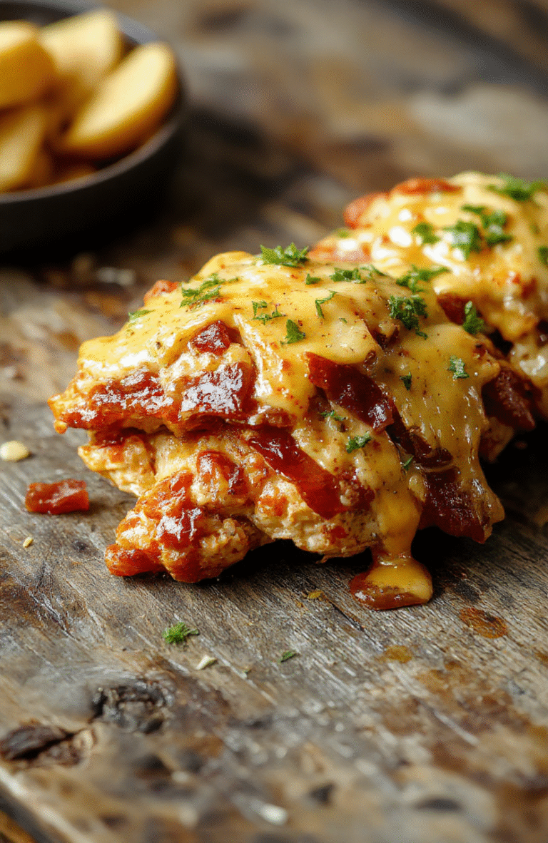 A colorful plate of Cowboy BBQ Bacon Cheddar Chicken featuring golden baked chicken topped with crispy bacon, melted cheddar cheese, and a drizzle of smoky barbecue sauce. The dish is garnished with fresh herbs, served on a rustic wooden table with a side of vibrant vegetables, showcasing rich textures and appetizing flavors, styled in a casual, inviting manner.