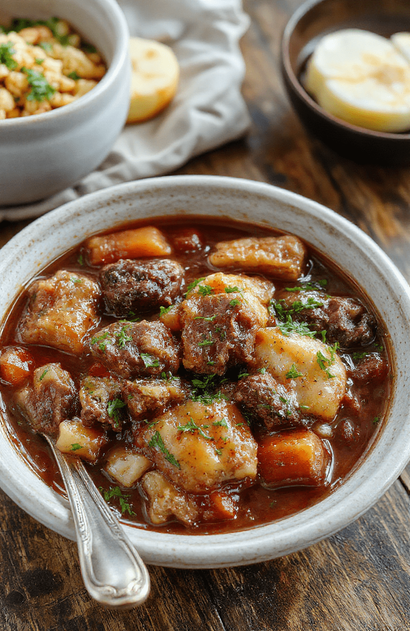 A hearty bowl of slow cooker beef stew filled with tender beef chunks, carrots, potatoes, and celery in a rich broth, topped with fresh herbs. The stew is served in a rustic ceramic bowl on a wooden table, with a cozy and inviting atmosphere, natural light highlighting the textures and warm colors of the ingredients.