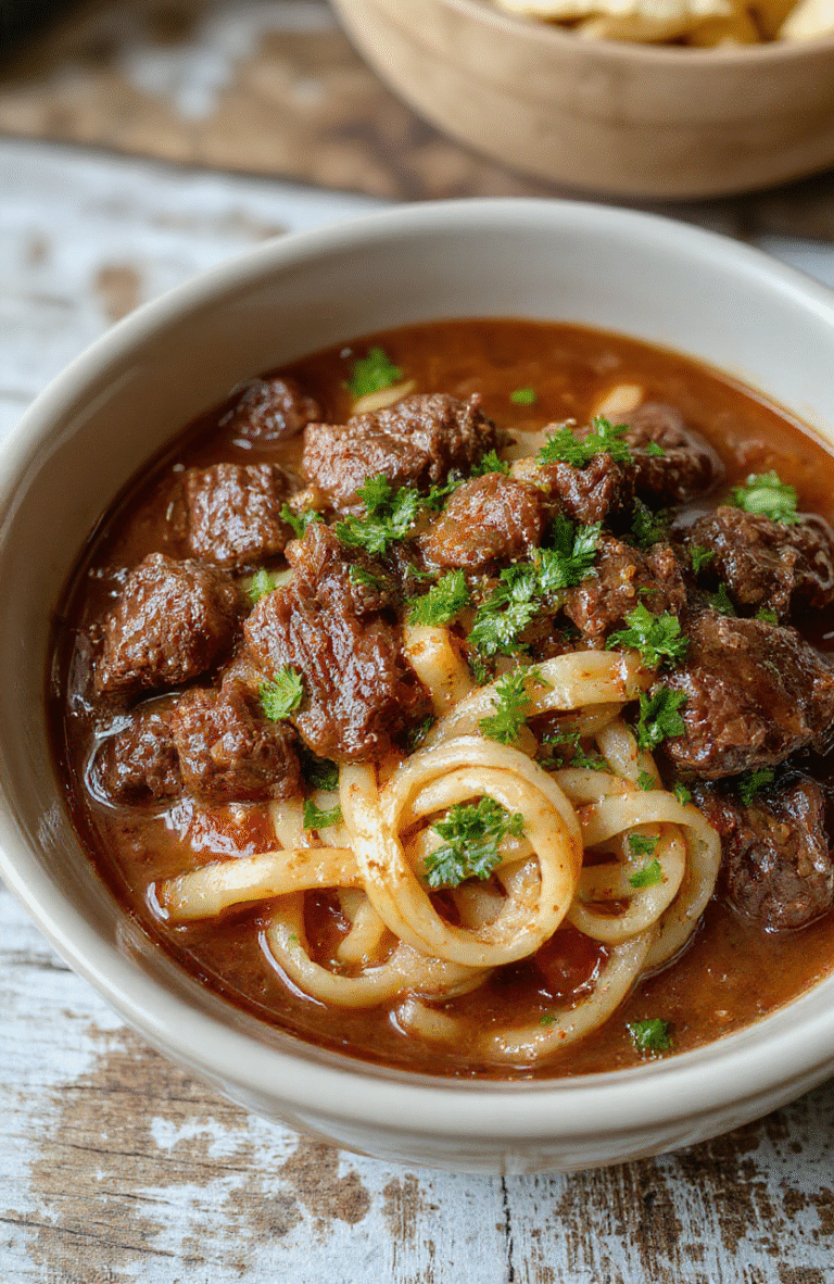 A rustic white bowl filled with tender shredded beef and wide egg noodles, garnished with chopped fresh parsley, served on a wooden table with a creamy gravy, surrounded by fresh herbs and sliced vegetables, styled for a cozy, inviting atmosphere.