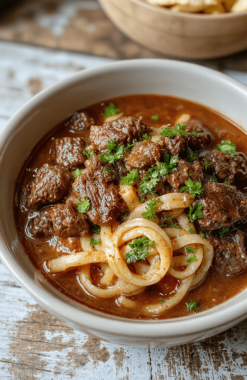 A rustic white bowl filled with tender shredded beef and wide egg noodles, garnished with chopped fresh parsley, served on a wooden table with a creamy gravy, surrounded by fresh herbs and sliced vegetables, styled for a cozy, inviting atmosphere.