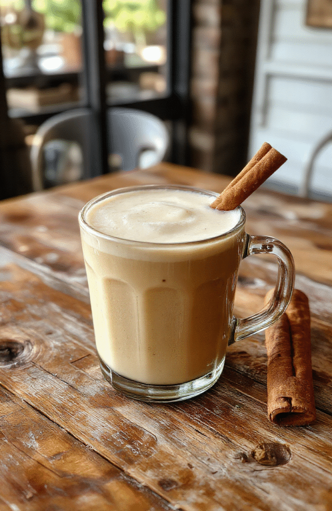 A warm vanilla cinnamon latte in a clear glass mug topped with whipped cream and a sprinkle of cinnamon, with a cinnamon stick beside it on a rustic wooden table, soft natural lighting highlighting the creamy texture and rich coffee color.