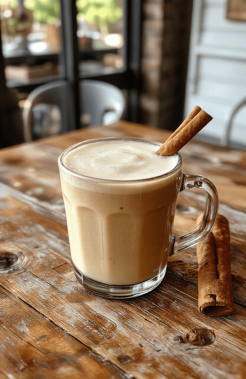 A warm vanilla cinnamon latte in a clear glass mug topped with whipped cream and a sprinkle of cinnamon, with a cinnamon stick beside it on a rustic wooden table, soft natural lighting highlighting the creamy texture and rich coffee color.