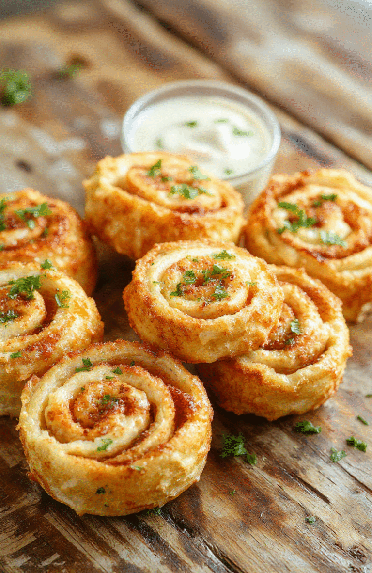 Colorful crack chicken pinwheels arranged on a white plate, showcasing golden-brown flaky pastry filled with creamy, cheesy chicken mixture, garnished with green herbs, styled with a rustic wooden table background, textures of crispy pastry and melting cheese