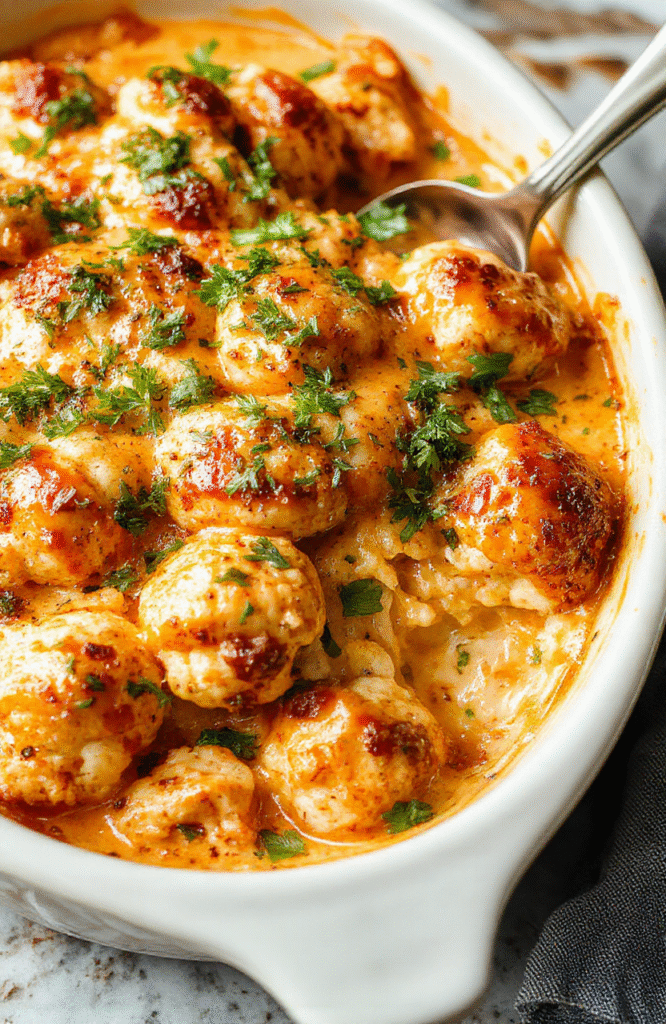 A vibrant creamy buffalo chicken cauliflower casserole plated in a rustic white dish. The dish features golden-brown edges, creamy orange buffalo sauce coating tender cauliflower florets, topped with melted cheese and green herbs. The background is a light wooden surface with scattered celery sticks and a drizzle of buffalo sauce for freshness, styled simply for a warm, inviting presentation.