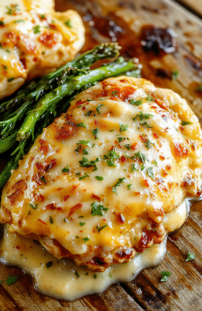 A close-up of a perfectly cooked garlic butter chicken breast, golden and juicy, topped with fresh chopped parsley on a rustic white plate. The plate is placed on a dark wooden surface with a soft natural light highlighting the rich, buttery sauce and tender meat, creating an inviting and appetizing scene.
