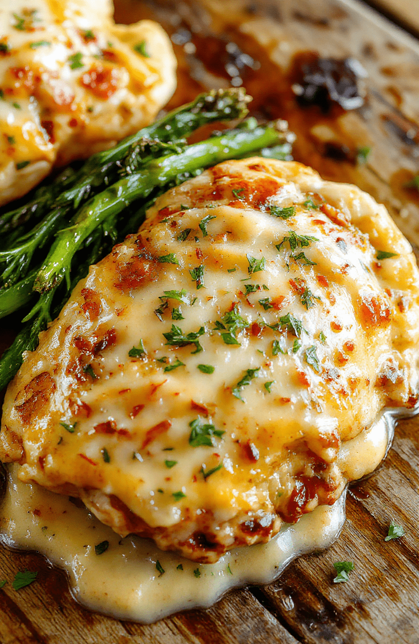 A close-up of a perfectly cooked garlic butter chicken breast, golden and juicy, topped with fresh chopped parsley on a rustic white plate. The plate is placed on a dark wooden surface with a soft natural light highlighting the rich, buttery sauce and tender meat, creating an inviting and appetizing scene.