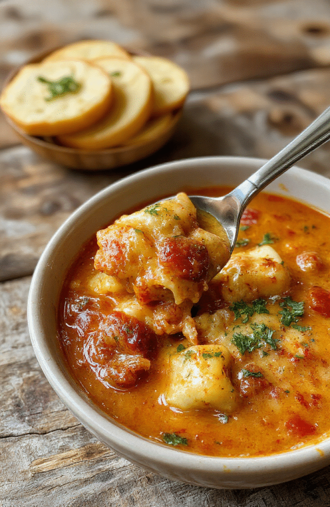 A vibrant bowl of creamy lasagna soup topped with melted cheese, fresh basil, and ground beef, served against a rustic wooden table with a spoon.