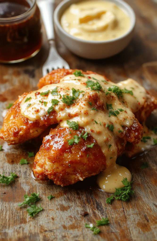 A beautifully plated honey butter chicken dish showcasing crispy golden-brown chicken smothered in a glossy, buttery honey sauce. The dish is garnished with fresh herbs, served on a rustic wooden plate contrasting with soft sunlight highlighting the luscious sauce and tender chicken pieces, complemented by a side of steamed vegetables.