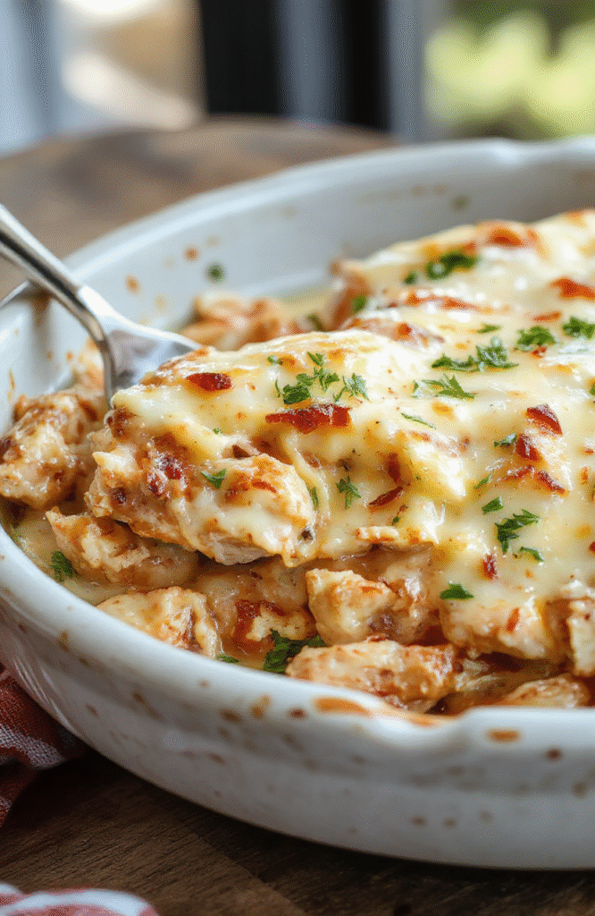 A vibrant dish of creamy low carb chicken casserole featuring golden-brown melted cheese on top, surrounded by tender shredded chicken, fresh herbs, and colorful vegetables served in a rustic ceramic dish, styled simply with a clean background and natural light highlighting textures.