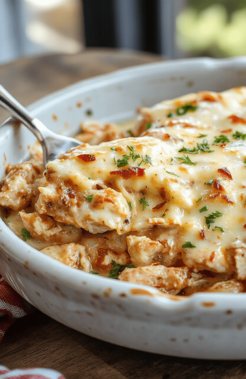 A vibrant dish of creamy low carb chicken casserole featuring golden-brown melted cheese on top, surrounded by tender shredded chicken, fresh herbs, and colorful vegetables served in a rustic ceramic dish, styled simply with a clean background and natural light highlighting textures.